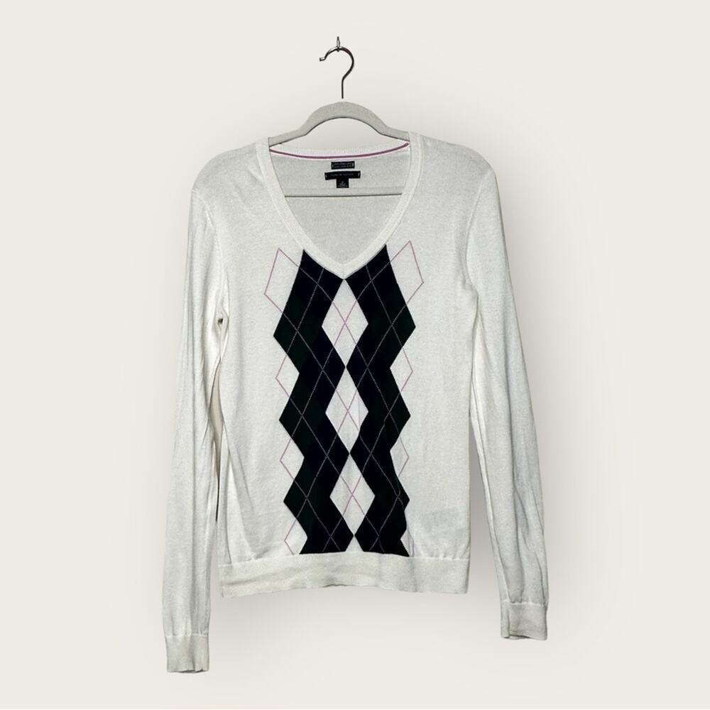 EUC | Tommy Hilfiger | Pullover V-Neck Sweater | Ivory/Blue | Medium